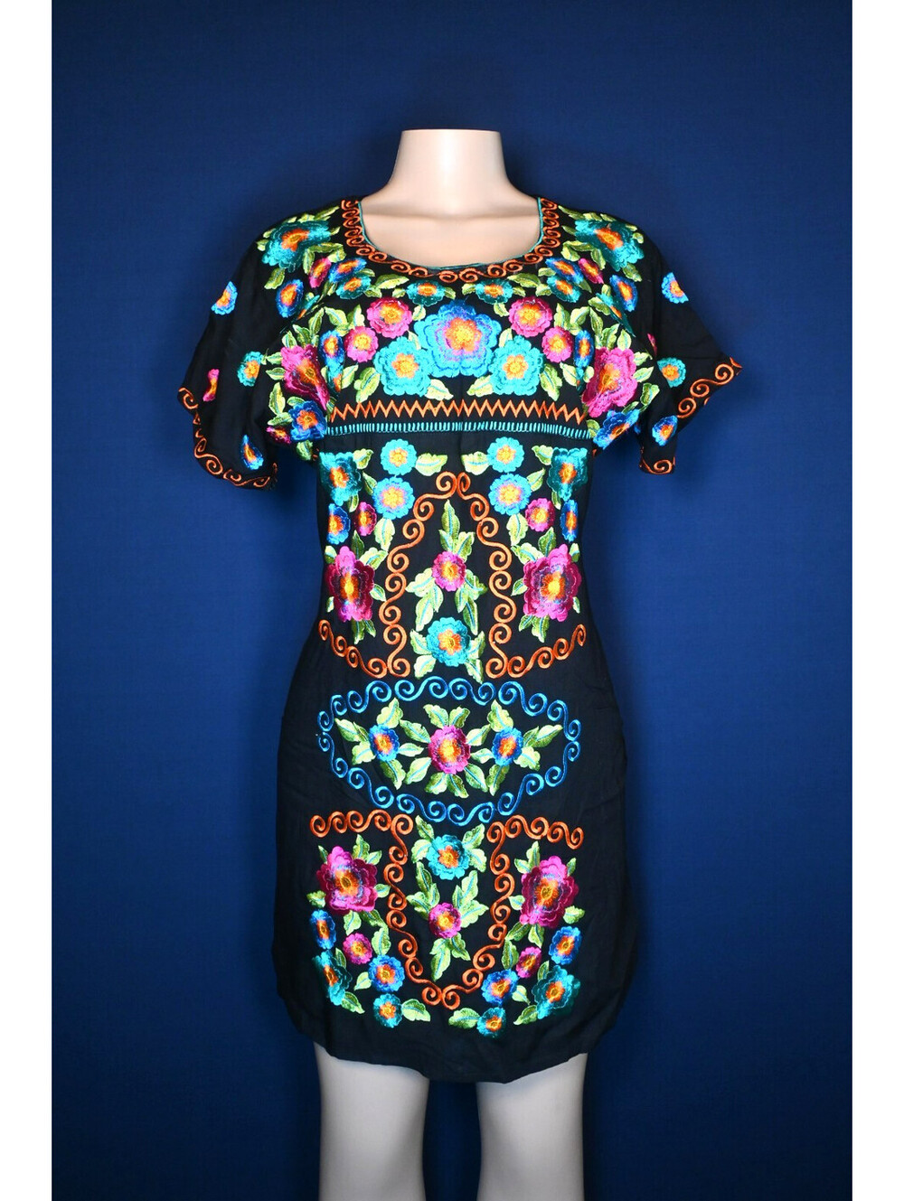Mexican Embridered Dress Black Floral Folk Art Size XL